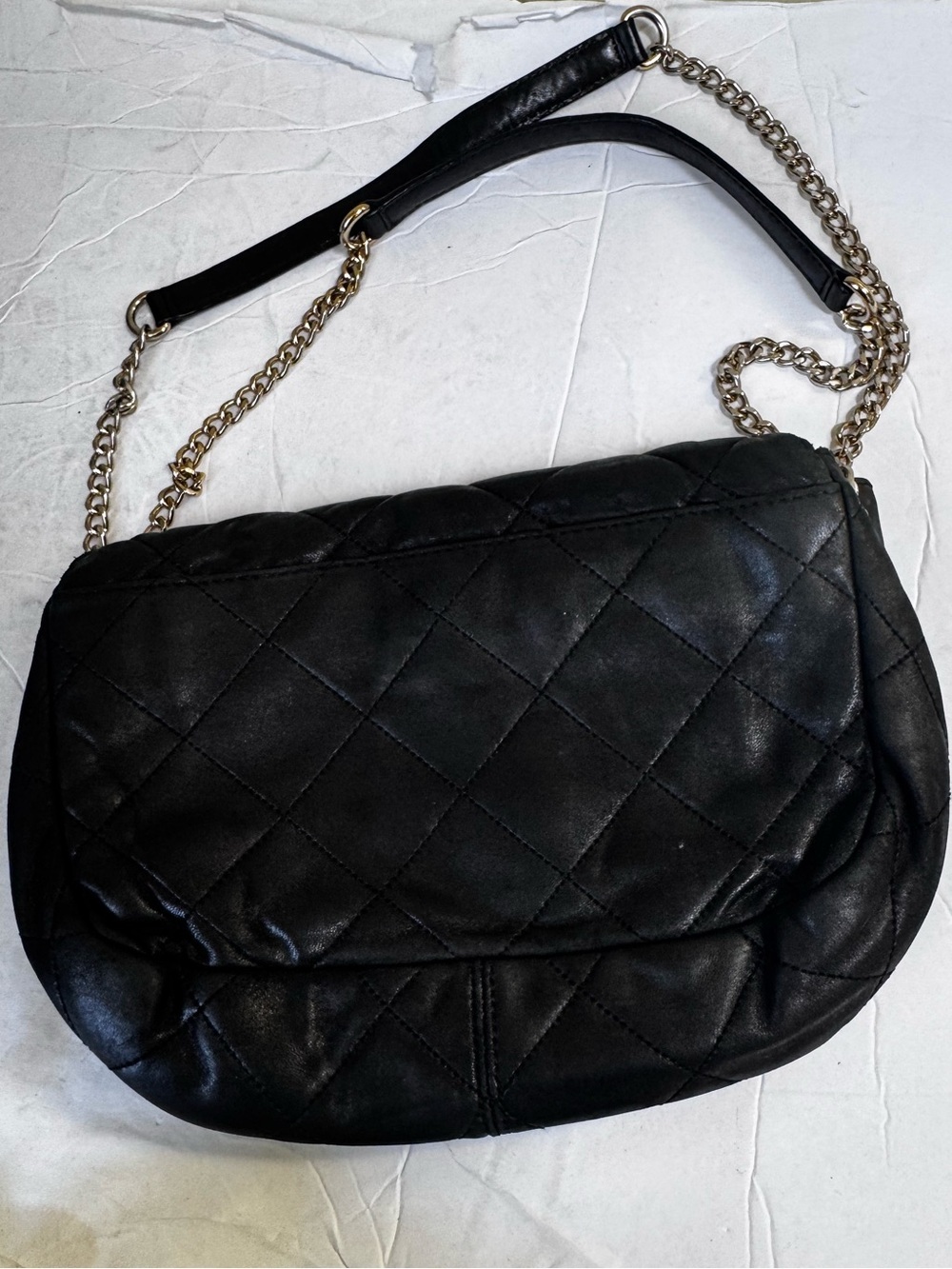 Michael Kors Leather Sloan Quilted Flap Shoulder Bag Chain Crossbody Black Gold - Picture 4 of 16